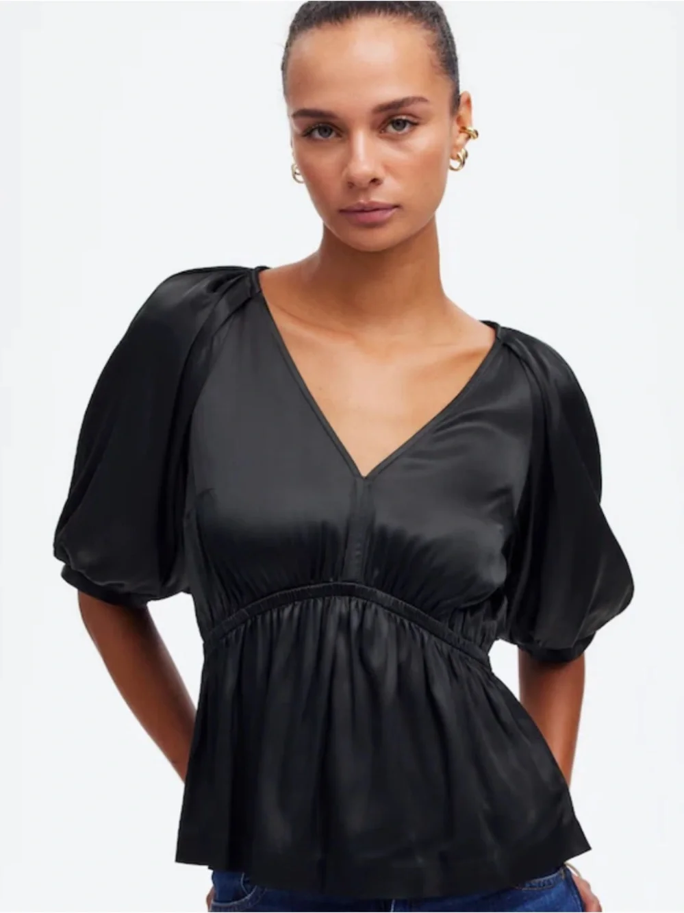 Madewell Shirred Puff-Sleeve Top in Satin Women’s SZ Medium in True Black